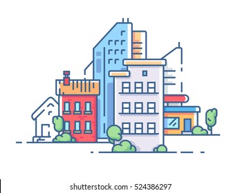 City with high buildings for housing. Color apartment house. Vector illustration