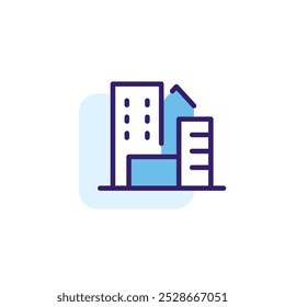 City. High-rise buildings color icon with blue accents. Simple vector linear illustration. Flat pictogram with rounded corners.