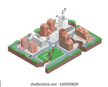 City Hit Earthquake Concept 3d Isometric View Cracking Buildings, Damage And Accident. Vector Illustration Of Natural Disaster Destruction