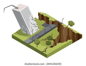 City Hit Earthquake Concept 3d Vista Isométrica Edificios agrietados, daños y accidentes. Ilustración vectorial de la destrucción de desastres naturales