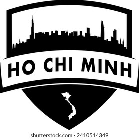 City of Ho Chi Minh Vietnam black and white shield style city buildings silhouette shield graphic with knockout white outline of the state border shape under name. Vector eps design. 