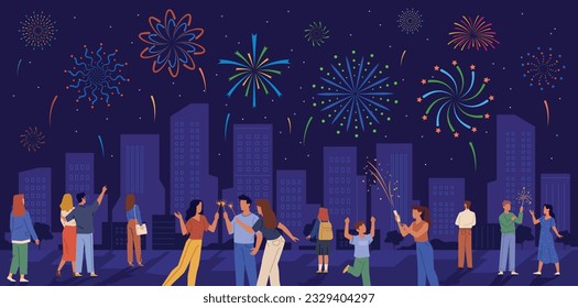 Fuegos artificiales en la ciudad. La gente se divierte viendo luces en el cielo nocturno, rascacielos en el fondo, celebridades encendiendo chispas, aplaudiendo petardos, hoy en día el concepto de dibujo vectorial plano