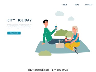City holiday website banner template with couple outdoor on picnic in city park. Happy people on summer leisure vacation in town on nature, flat vector illustration.