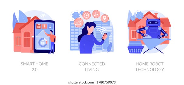 City and home with cognitive intelligence, Internet of Things, innovative technology. Smart home 2.0, connected living, home robot technology metaphors. Vector isolated concept metaphor illustrations.