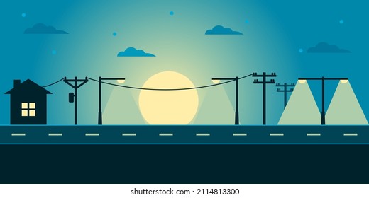 City home night with electric poles and street lamp light with full moon icon flat vector.