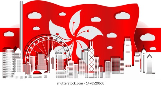 City of Hong Kong in a vector illustration of a paper cut style with the concept of an isolated flag. can be used for backgrounds, web templates, banners, landing pages.