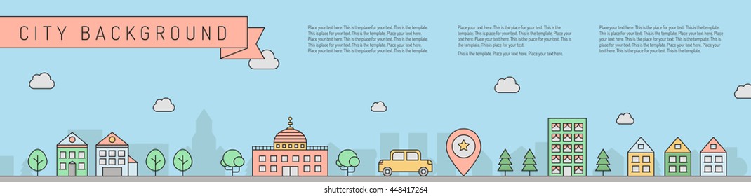 City horizontal multicolored background. Buildings, houses, trees and road. Clean and simple outline design. Part two.