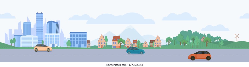 City horizontal road seamless. District highway with rare cars background of urban skyscrapers residential private houses near green park grove beautiful cartoon outline transport direction vector.