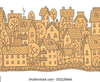 City horizontally seamless monochrome pattern with houses, trees and roofs