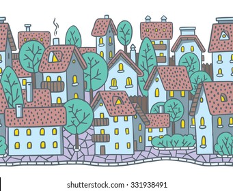 City horizontally seamless pattern with houses, trees and roofs