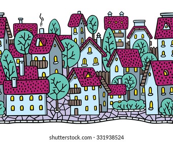 City horizontally seamless pattern with houses, trees and roofs