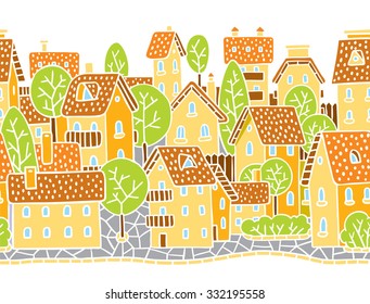 City horizontally seamless pattern with houses, trees and roofs
