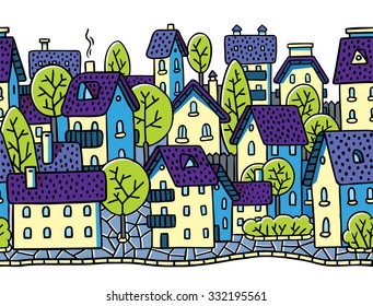 City horizontally seamless pattern with houses, trees and roofs