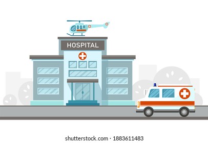 City hospital building with ambulance car and helicopter in flat design. Medical concept. Vector illustration. Design for infographic resources, background, landing page