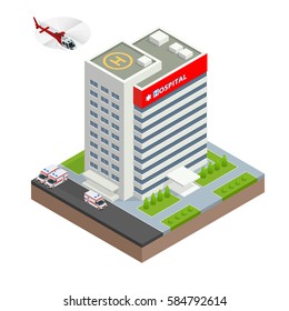 City hospital building with ambulance car and helicopter in flat design. Isometric vector illustration. 