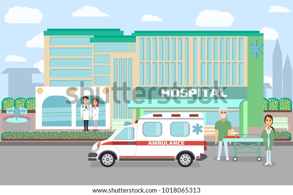 City hospital building with ambulance, doctor,\
nurses and surgeon in flat\
style