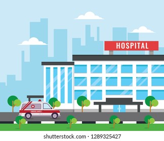 City hospital building with ambulance in flat design