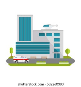 City hospital building with ambulance flat style and the car and the helicopter of medical care.Concept for infographics and design.Isolated on white background.
