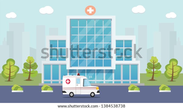 City hospital building with ambulance\
in flat design vector. Emergency, paramedics\
concept.