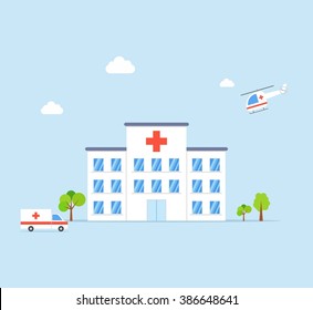 Edificio del Hospital Municipal con ambulancia y helicóptero de diseño plano sobre fondo azul. Ilustración de vectores clínicos