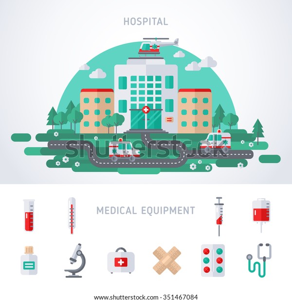 City Hospital Building with Ambulance\
and Helicopter. Flat Vector illustration. Concept for Healthcare\
with Equipment Icons Set. Medical\
Laboratory