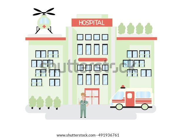 City hospital building with ambulance and\
helicopter in flat design.\
vector.