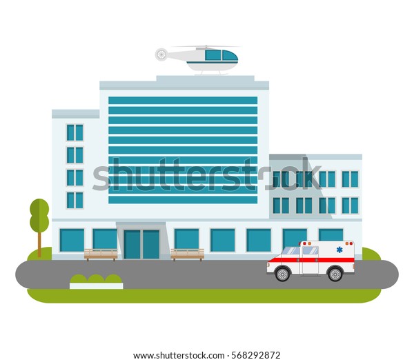 City hospital building cartoon modern with\
ambulance flat style and the car and the helicopter of medical\
care. City medical clinic.Design element for the website, a banner,\
a poster, leaflets.