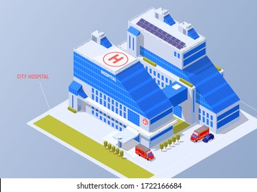 City hospital building. Modern architecture at isometric style. Clinic with ambulance car. Smart city concept.