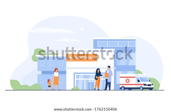 City hospital building. Patient\
talking to doctor at entrance, ambulance car parked at clinic. Can\
be used for emergency, medical care, health center\
concept