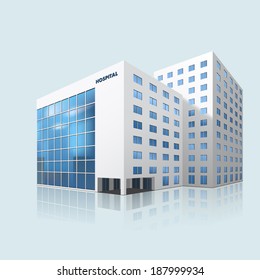 City Hospital Building With Reflection On A Blue Background