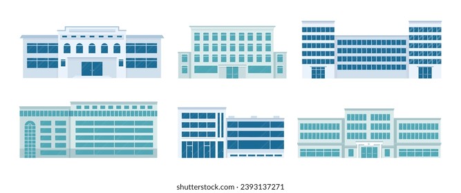 City hospital buildings icons. Clinic center and medical office modern architecture building. Isolated urban healthcare, exterior decent vector set