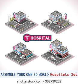 City Hospital Buildings and Landmarks. Game Tile Collection Clinic Medical Isometric Vector Icon. 3d Urban Map medicine Elements Icon Set. Industry. Parking Rescue Security Patient Ambulance Transport