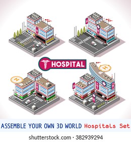 City Hospital Buildings and Landmarks. Game Tiles Collection Clinic Medical Isometric Vector Building. 3d Urban Map Elements Set. Medical Industry. Parking Rescue Security Icon Ambulance Transport.