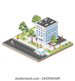 City hospital with people, trees, an ambulance, and a street. A modern medical building surrounded by an urban landscape.






 Isometric vector illustration.