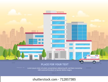 City hospital with place for text - modern vector illustration. Medical center on urban background, nice park with trees. Blue sky, clouds. Clinic with ambulance. Concept of healthcare and emergency