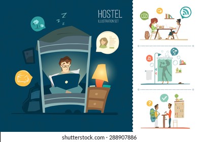 City hostel hotel flat color illustration set