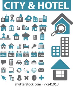 city & hotel icons, signs, vector illustrations