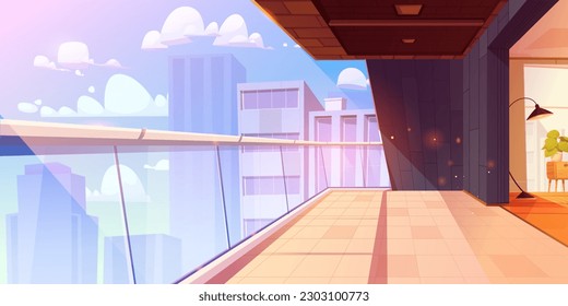 City hotel room balcony design vector background. Modern glass house apartment terrace interior illustration with cityscape view. Luxury modern flat with contemporary outdoor patio construction scene