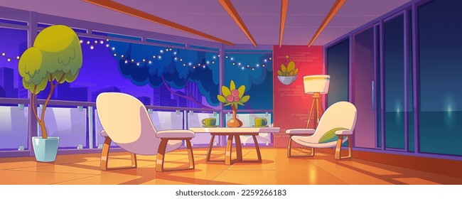 City house balcony with table, chairs, plants in pots and glass fence. Empty apartment terrace with furniture, flowers and cups on table, floor lamp at night, vector illustration in contemporary style