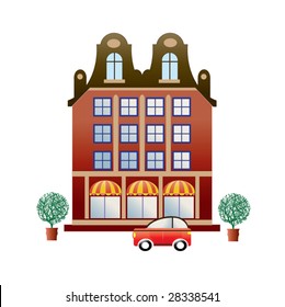 City house with a car and trees