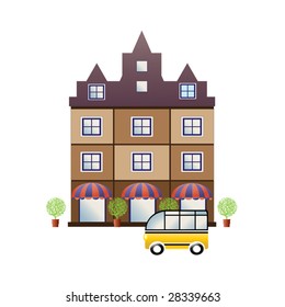 City house with a car and trees