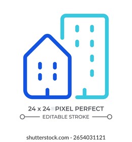 Cidade casa ícone de ui linha colorida. Arquitetura urbana, habitação. Residência moderna. Prédio, construção. Símbolo linear duotônico de vetor isolado. Elemento de interface do usuário, pixel perfect