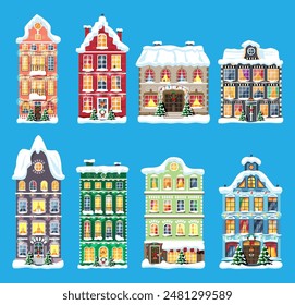 City House Covered Snow Set. Building in Holiday Ornament. Christmas Tree Spruce, Wreath. Happy New Year Decoration. Merry Christmas Holiday. New Year and Xmas Celebration. Flat Vector Illustration