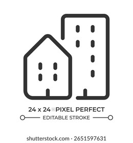 Ícone de interface do usuário da linha da casa da cidade. Arquitetura urbana, habitação. Residência moderna. Prédio, construção. Símbolo de contorno de vetor isolado. Elemento linear da interface do usuário do Webdesign, pixel perfect