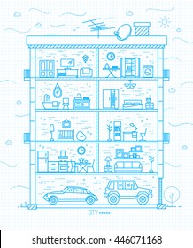 City house silhouette with rooms furnishings in flat style drawing with light blue lines on squared paper sheet background