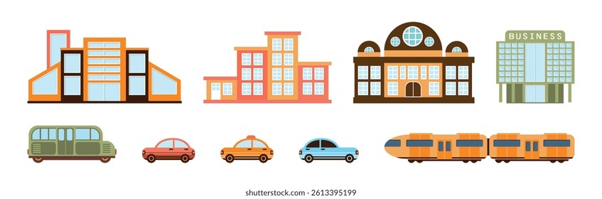 City House and Street Building Facade with Car Vector Set