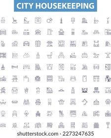 City housekeeping line icons, signs set. Urban, Cleaning, Services, Housework, Dwelling, Residents, Dusting, Sweeping, Sanitation outline vector illustrations.