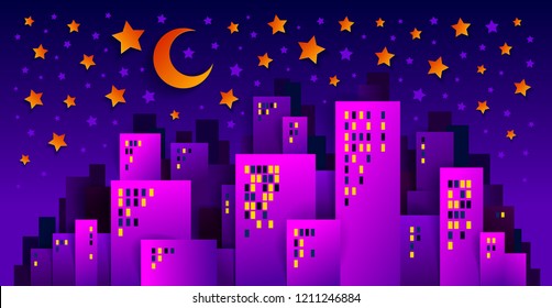 City houses buildings in the night with moon and stars paper cut cartoon kids game style vector illustration, modern minimal design of cute cityscape, urban life, midnight time.