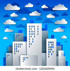City houses buildings paper cut cartoon kids game style vector illustration, modern minimal design of cute cityscape, urban life, clouds in the sky