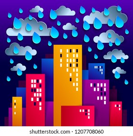 City houses buildings under rain in the night paper cut cartoon kids game style vector illustration, modern minimal design of cute cityscape, urban life, clouds and rain in sky midnight.
